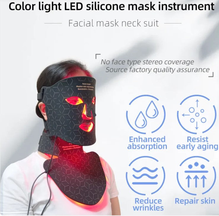 Mascarilla facial y cervical de silicona con terapia de luz LED para rejuvenecimiento de la piel